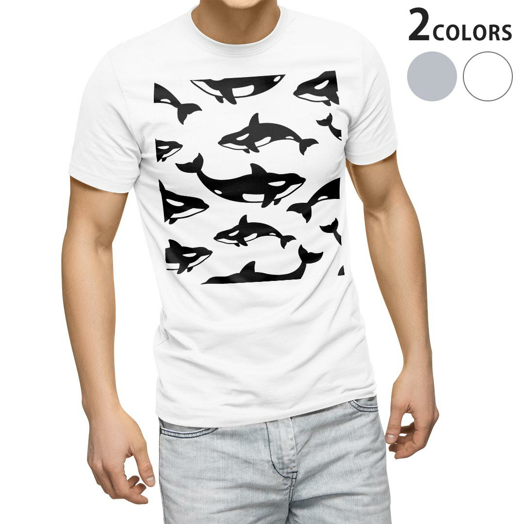Tシャツ メンズ 半袖 ホワイト グレー デザイン S M L XL 2XL Tシャツ ティーシャツ T shirt 016476 いるか 魚 シャチ