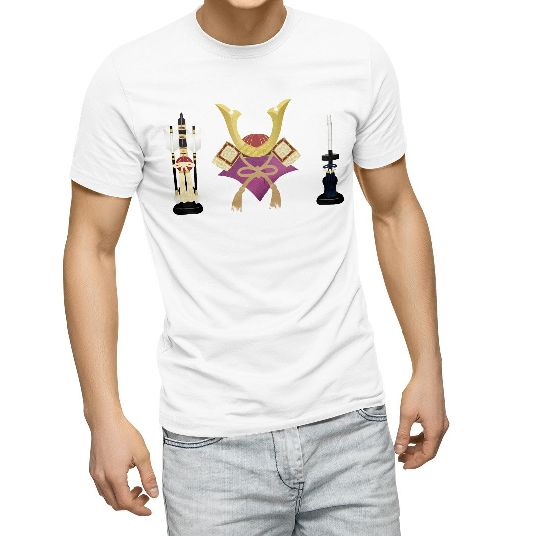 Tシャツ メンズ 半袖 ホワイト グレー デザイン S M L XL 2XL Tシャツ ティーシャツ T shirt 017788 カブト　刀　兜