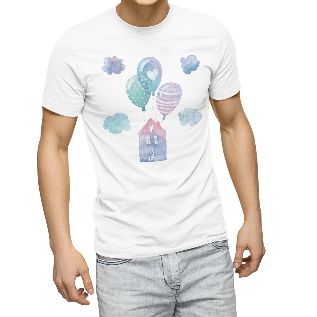 乐天商城 - Tシャツ メンズ 半袖 ホワイト グレー デザイン S M L XL 2XL Tシャツ ティーシャツ T shirt 017798 梅雨　雨の家　雲　風船