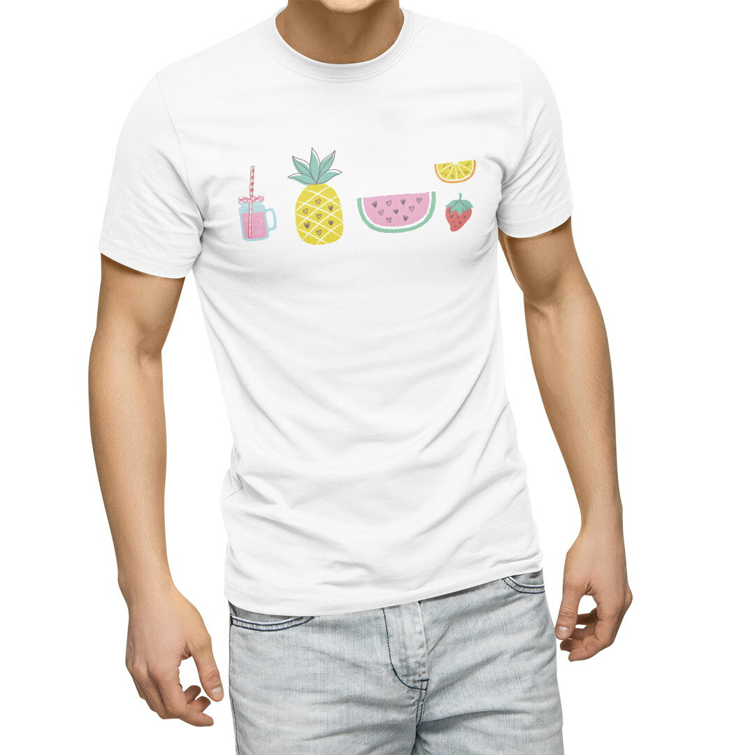 Tシャツ メンズ 半袖 ホワイト グレー デザイン S M L XL 2XL Tシャツ ティーシャツ T shirt 017812 スイカ パイナップル ジュース
