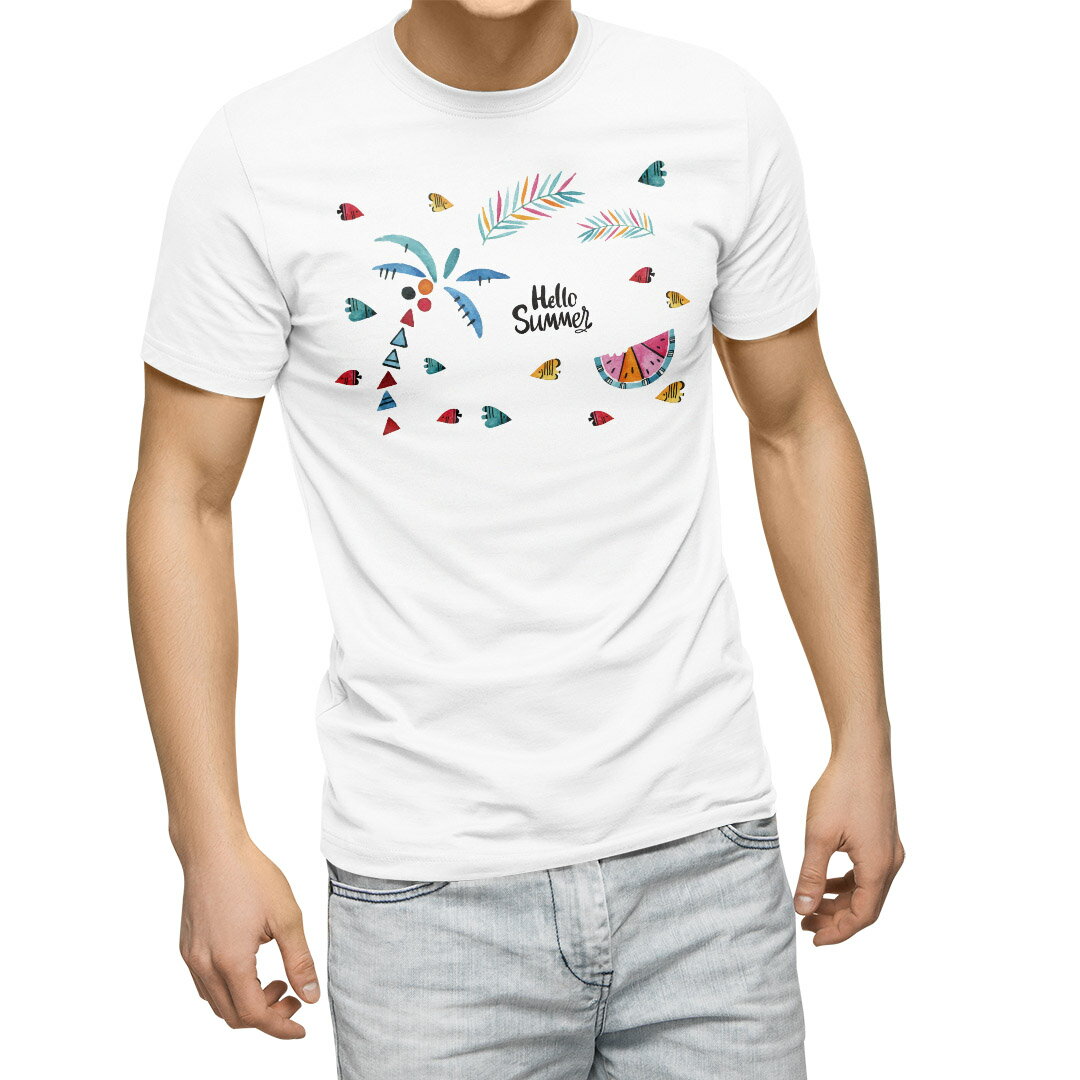 Tシャツ メンズ 半袖 ホワイト グレー デザイン S M L XL 2XL Tシャツ ティーシャツ T shirt 017844 ヤシの木　スイカ　summer