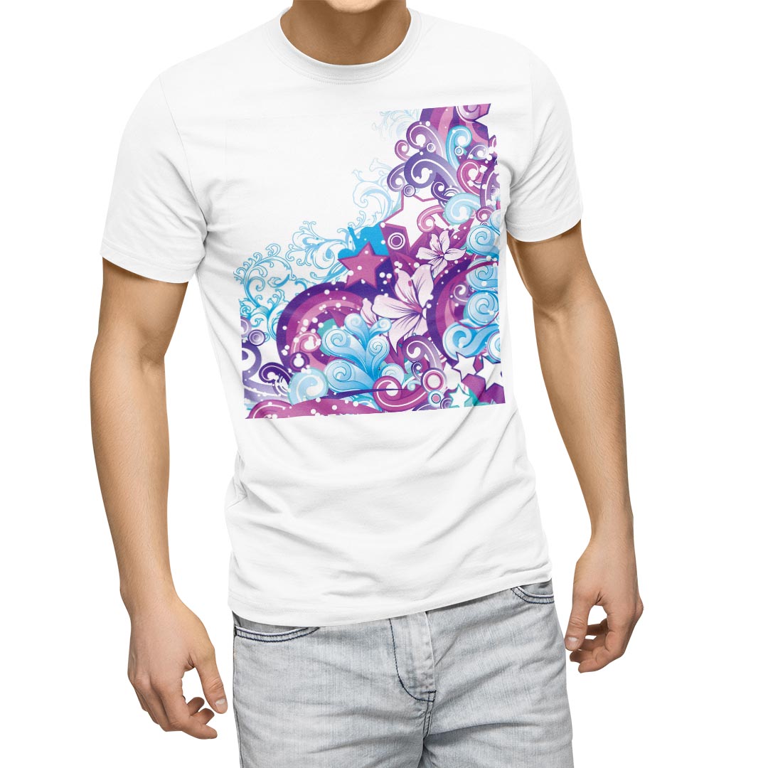 Tシャツ メンズ 半袖 ホワイト 無地 デザイン M ティーシャツ T shirt 000104 お花　花　紫　トロピカル