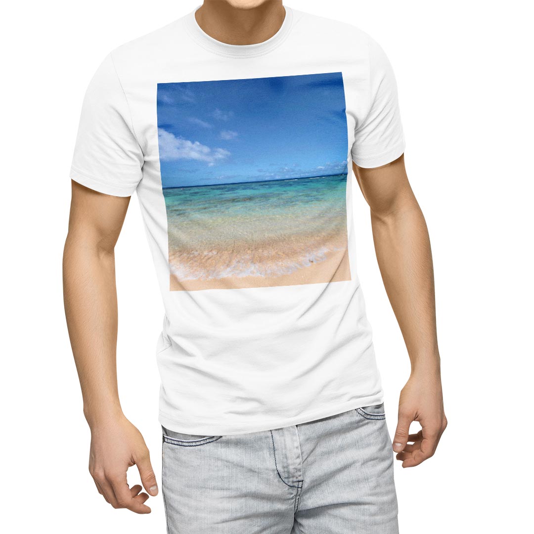 Tシャツ メンズ 半袖 ホワイト 無地 デザイン M ティーシャツ T shirt 001605 海 青空 砂浜