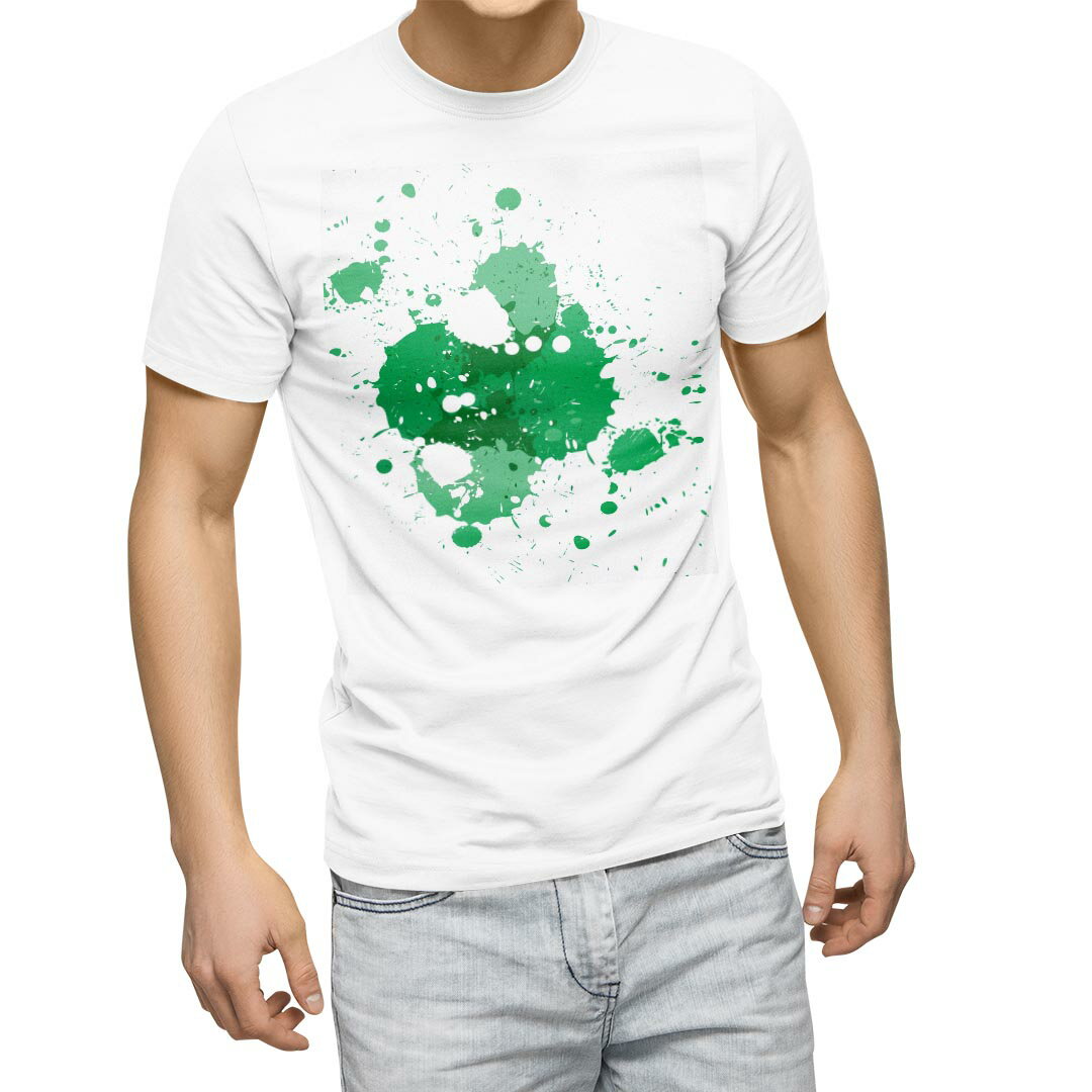 Tシャツ メンズ 半袖 ホワイト 無地 デザイン M ティーシャツ T shirt 002533 シンプル 絵の具 緑