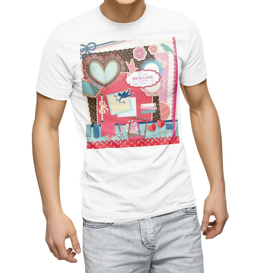 Plain - Tシャツ メンズ 半袖 ホワイト 無地 デザイン M ティーシャツ T shirt 005133 天使　ハート　コラージュ