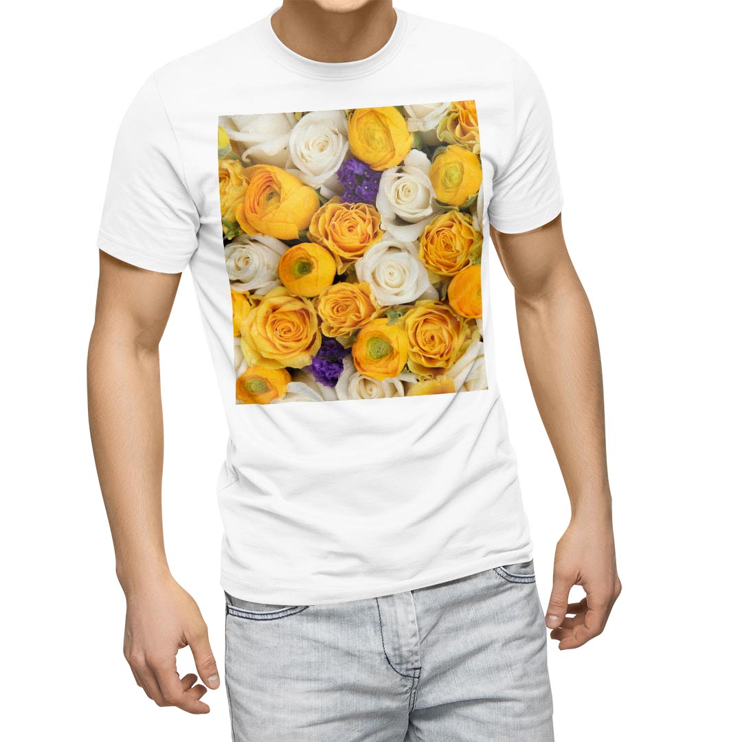 T-Shirts - Tシャツ メンズ 半袖 ホワイト 無地 デザイン M ティーシャツ T shirt 005351 黄色　白　紫　花