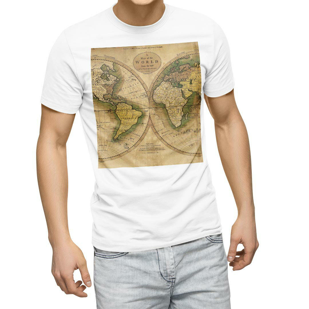 Tシャツ メンズ 半袖 ホワイト 無地 デザイン M ティーシャツ T shirt 006044 世界 地図