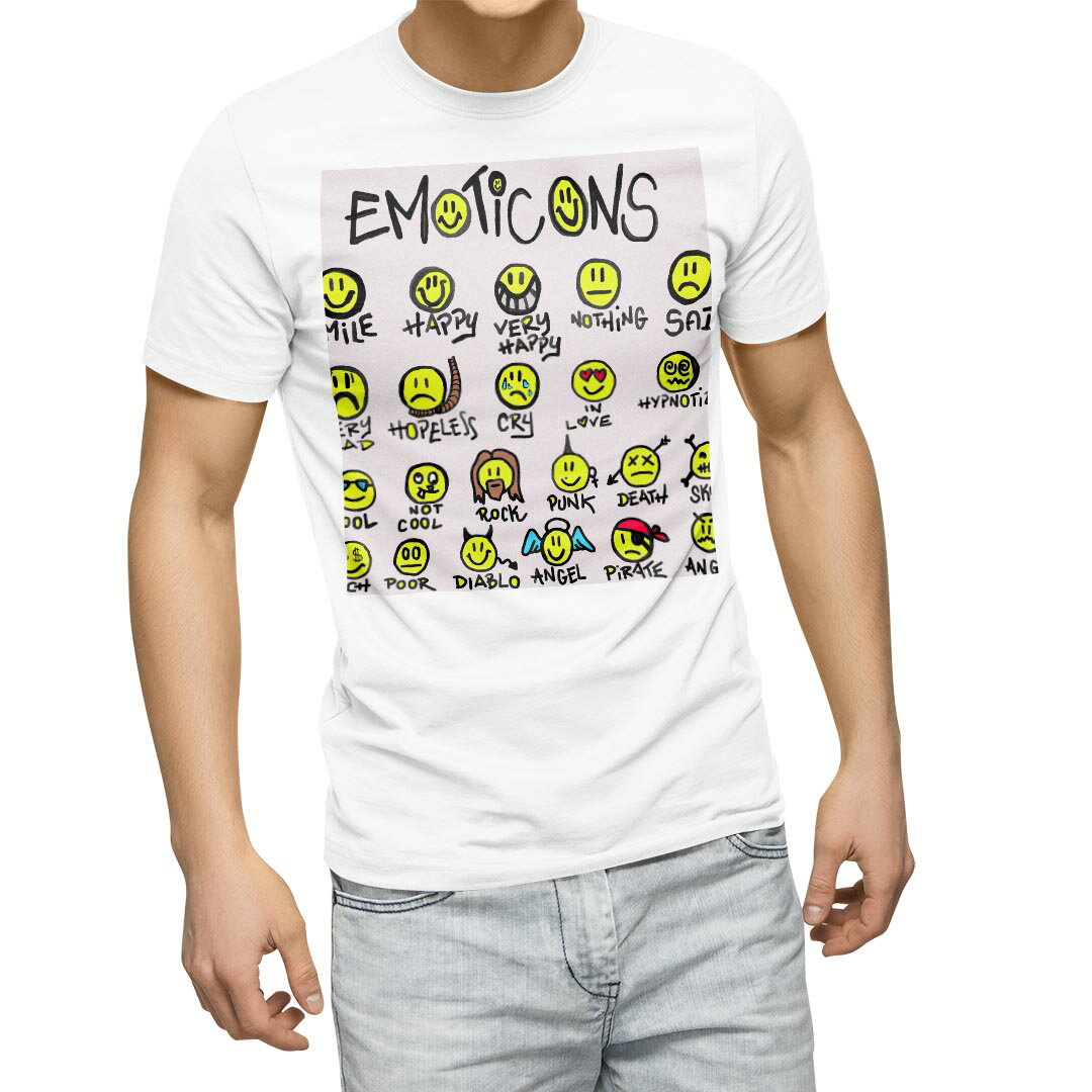 Tシャツ メンズ 半袖 ホワイト 無地 デザイン M ティーシャツ T shirt 006105 スマイル アイコン イラスト