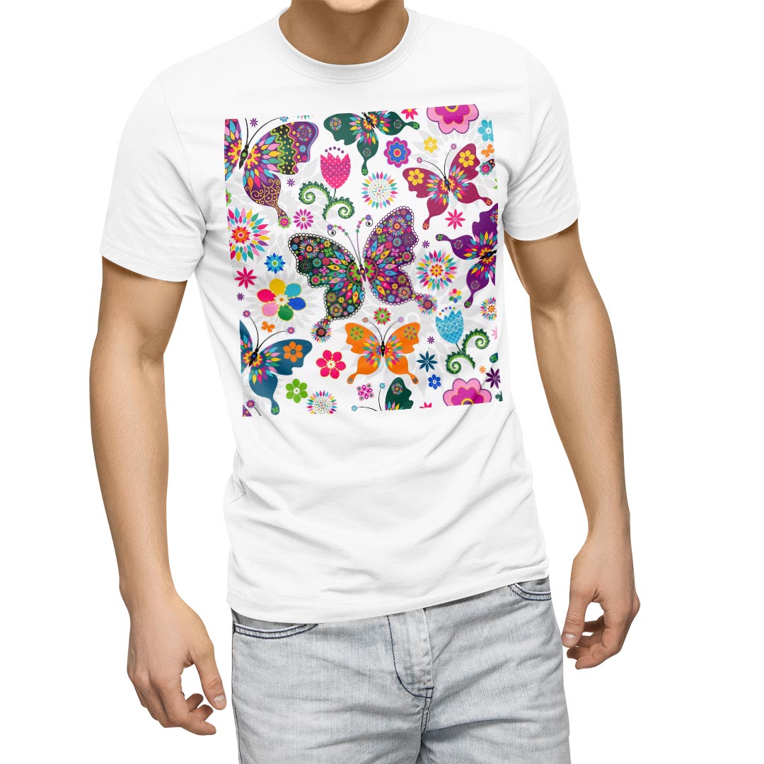 Tシャツ メンズ 半袖 ホワイト 無地 デザイン M ティーシャツ T shirt 006107 カラフル 蝶 花