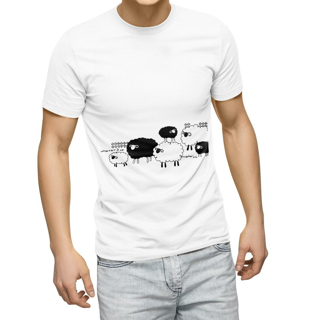 Tシャツ メンズ 半袖 ホワイト 無地 デザイン M ティーシャツ T shirt 006792 ひつじ　動物　イラスト