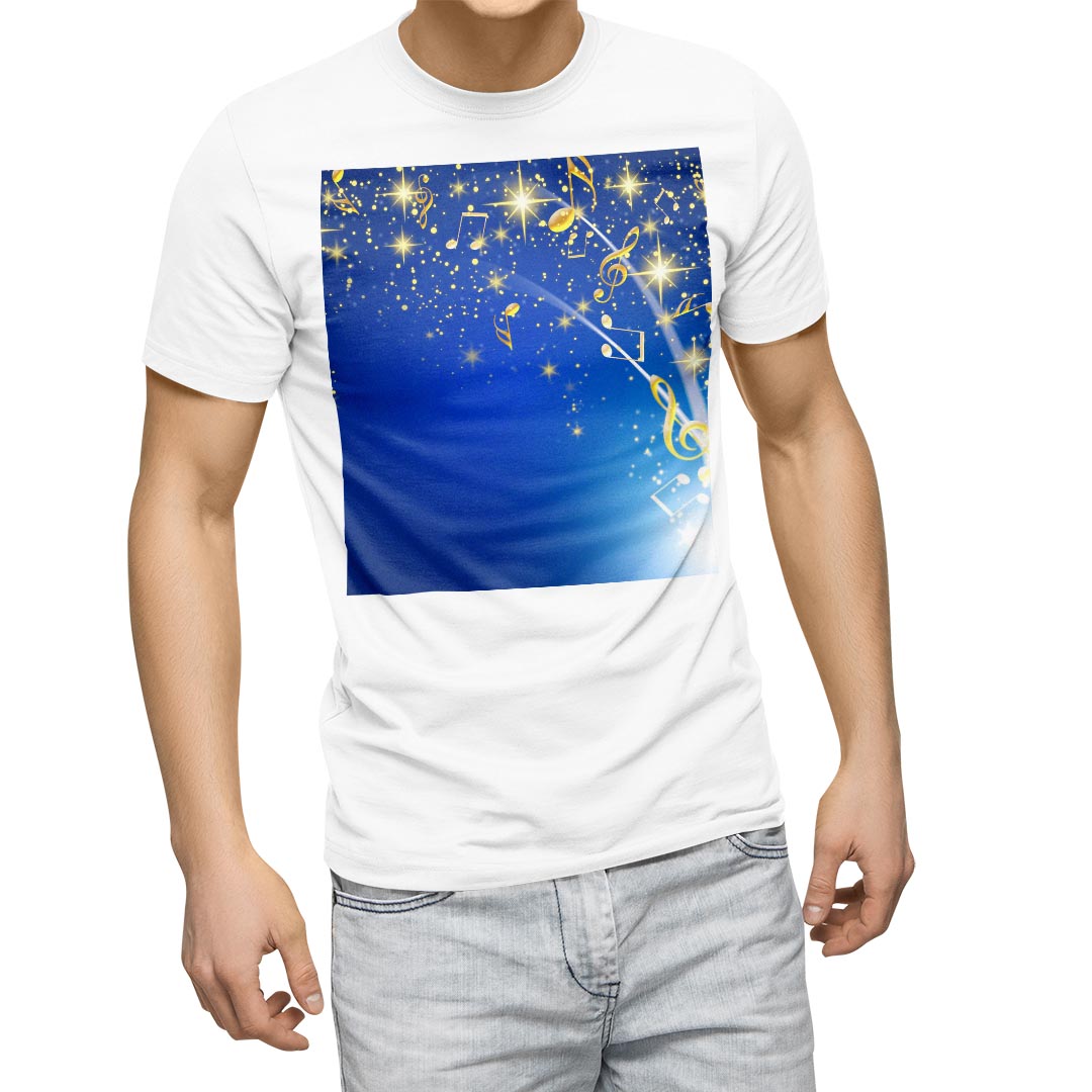 Tシャツ メンズ 半袖 ホワイト 無地 デザイン M ティーシャツ T shirt 006821 音符　青　ブルー