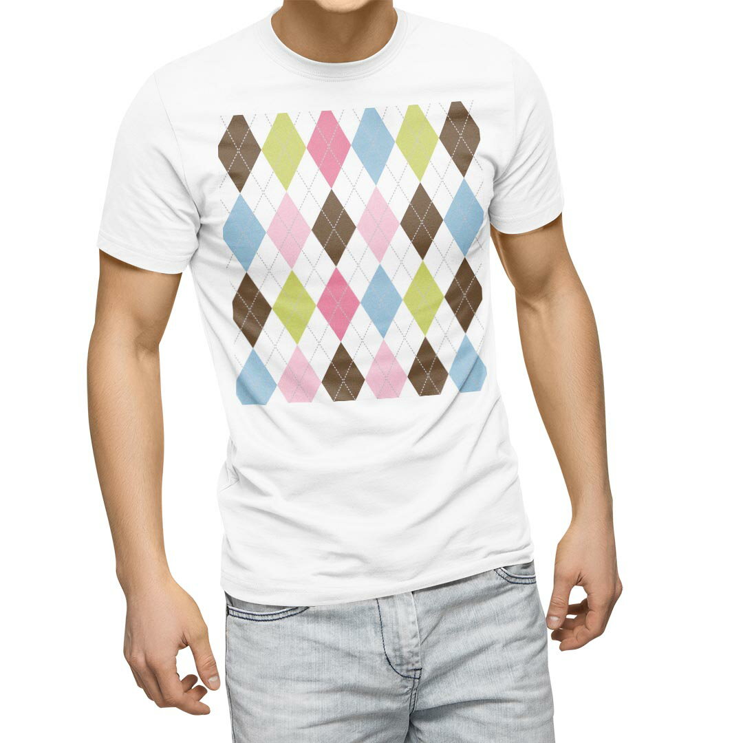 Tシャツ メンズ 半袖 ホワイト 無地 デザイン M ティーシャツ T shirt 007111 アーガイル 模様