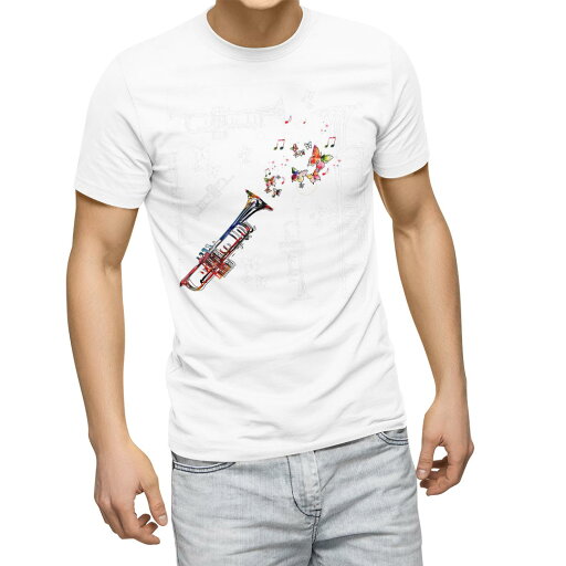 Tシャツ メンズ 半袖 ホワイト 無地 デザイン M ティーシャツ T shirt 008001 カラフル 蝶 ラッパ 楽器 Tシャツ メンズ 半袖 ホワイト 無地 デザイン M ティーシャツ T shirt 008001 カラフル 蝶 ラッパ 楽器