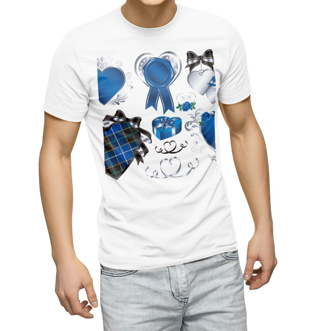 Tシャツ メンズ 半袖 ホワイト 無地 デザイン M ティーシャツ T shirt 008302 ホワイトデー ハート リボン 青 ブルー