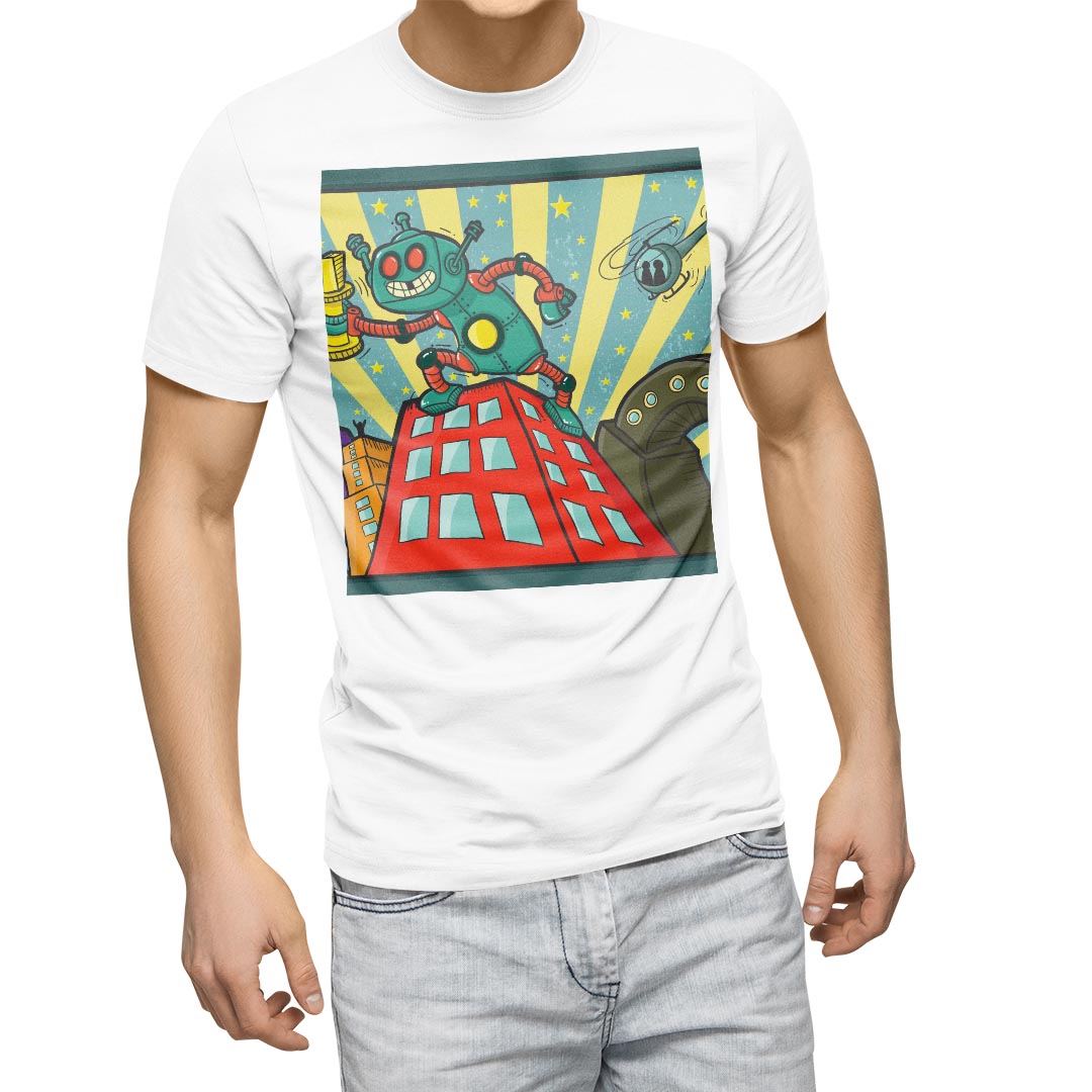 Tシャツ メンズ 半袖 ホワイト 無地 デザイン M ティーシャツ T shirt 008742 ロボット イラスト レトロ