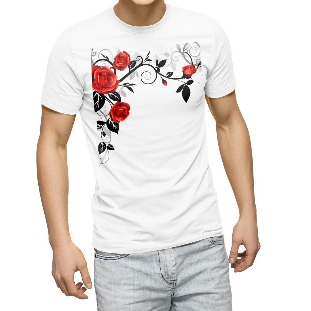 Tシャツ メンズ 半袖 ホワイト 無地 デザイン M ティーシャツ T shirt 009125 花　　赤