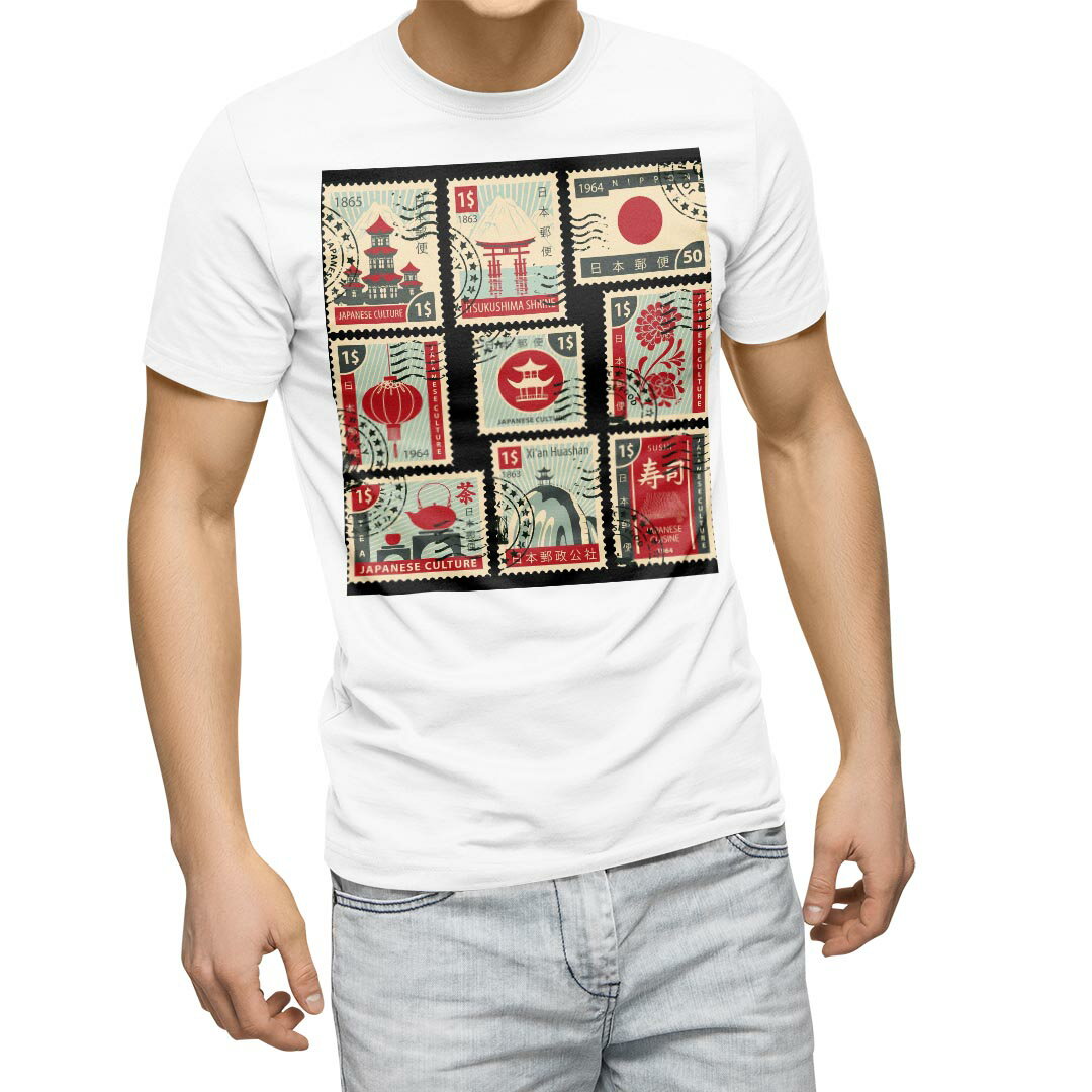 Tシャツ メンズ 半袖 ホワイト 無地 デザイン M ティーシャツ T shirt 010604 日本　切手　風景