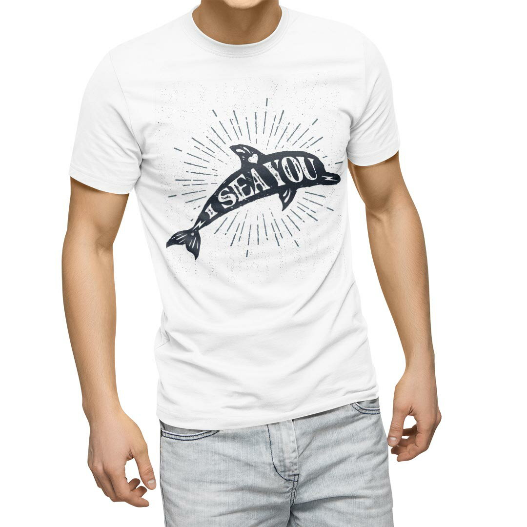 Tシャツ メンズ 半袖 ホワイト 無地 デザイン M ティーシャツ T shirt 010939 海　イルカ　英語