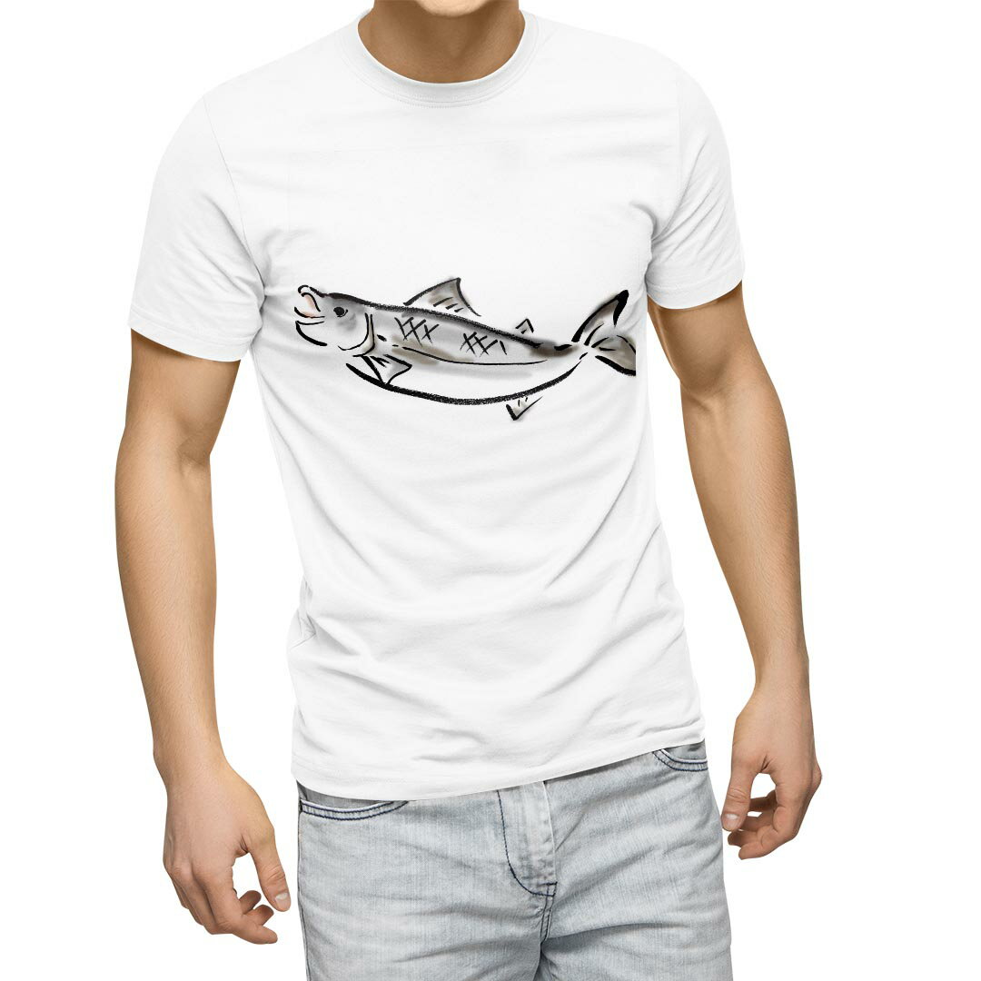 Tシャツ メンズ 半袖 ホワイト 無地 デザイン M ティーシャツ T shirt 013266 魚 海 絵