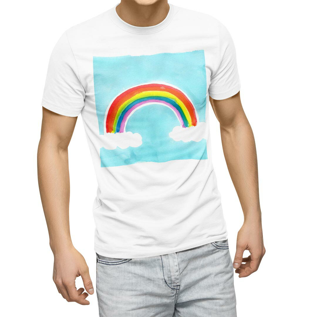 Tシャツ メンズ 半袖 ホワイト 無地 デザイン M ティーシャツ T shirt 014031 虹　レインボー　空