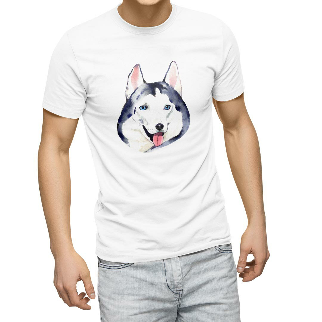Tシャツ メンズ 半袖 ホワイト 無地 デザイン M ティーシャツ T shirt 014833 ハスキー犬　犬　dog