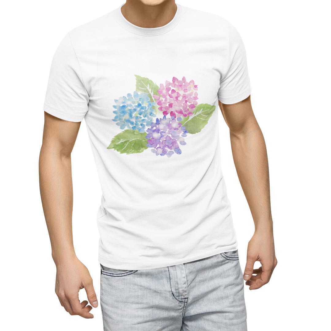 Tシャツ メンズ 半袖 ホワイト 無地 デザイン M ティーシャツ T shirt 015574 あじさい　花　植物