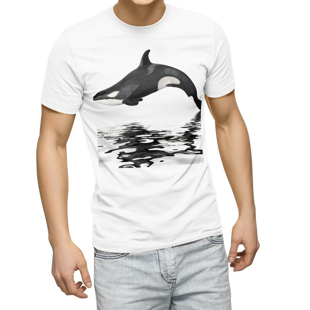 Tシャツ メンズ 半袖 ホワイト 無地 デザイン M ティーシャツ T shirt 015849 海　シャチ　黒