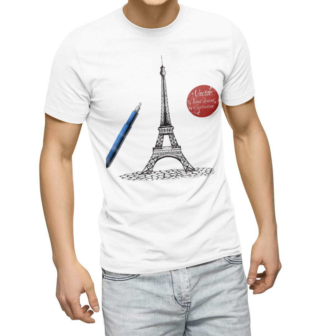 Tシャツ メンズ 半袖 ホワイト 無地 デザイン M ティーシャツ T shirt 016052 エッフェル塔　シャーペン