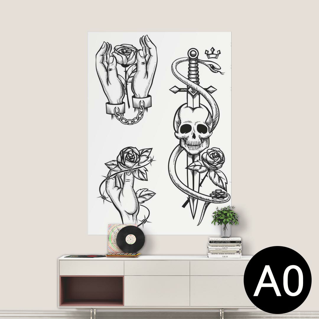 ポステッカー ポスター ウォールステッカー シール式ステッカー 飾り 841mm×1189mm A0 写真 フォト 壁 インテリア おしゃれ 剥がせる wall sticker poster 009668 バラ ドクロ アンティーク