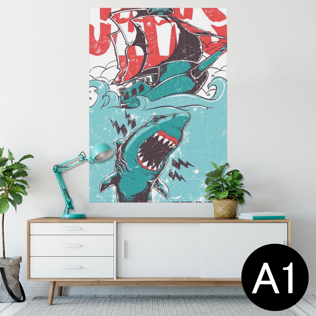 ポスター ウォールステッカー シール式ステッカー 飾り 594×841mm A1 写真 フォト 壁 インテリア おしゃれ 剥がせるwall sticker poster 005372 サメ　JAWS　イラスト