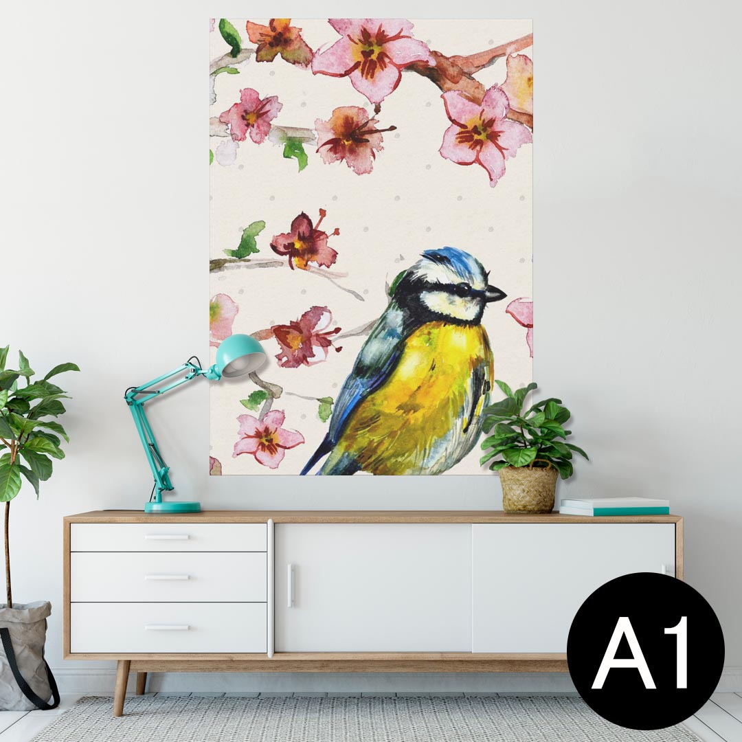 ポスター ウォールステッカー シール式ステッカー 飾り 594×841mm A1 写真 フォト 壁 インテリア おしゃれ 剥がせるwall sticker poster 007971 花 水彩 ピンク 鳥