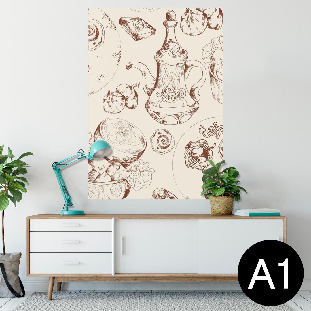 楽天kabeコレポスター ウォールステッカー シール式ステッカー 飾り 594×841mm A1 写真 フォト 壁 インテリア おしゃれ 剥がせるwall sticker poster 008399 イラスト　紅茶　お菓子　模様