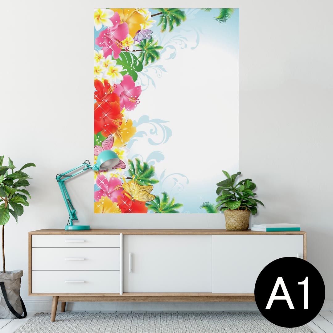 ポスター ウォールステッカー シール式ステッカー 飾り 594×841mm A1 写真 フォト 壁 インテリア おしゃれ 剥がせるwall sticker poster 014077 トロピカル　ハイビスカス　ヤシの木