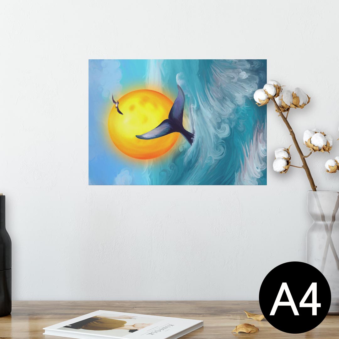 ポスター ウォールステッカー シール式ステッカー 飾り 210×297mm A4 写真 フォト 壁 インテリア おしゃれ 剥がせる wall sticker poster 025983 くじら　海　太陽　イラスト