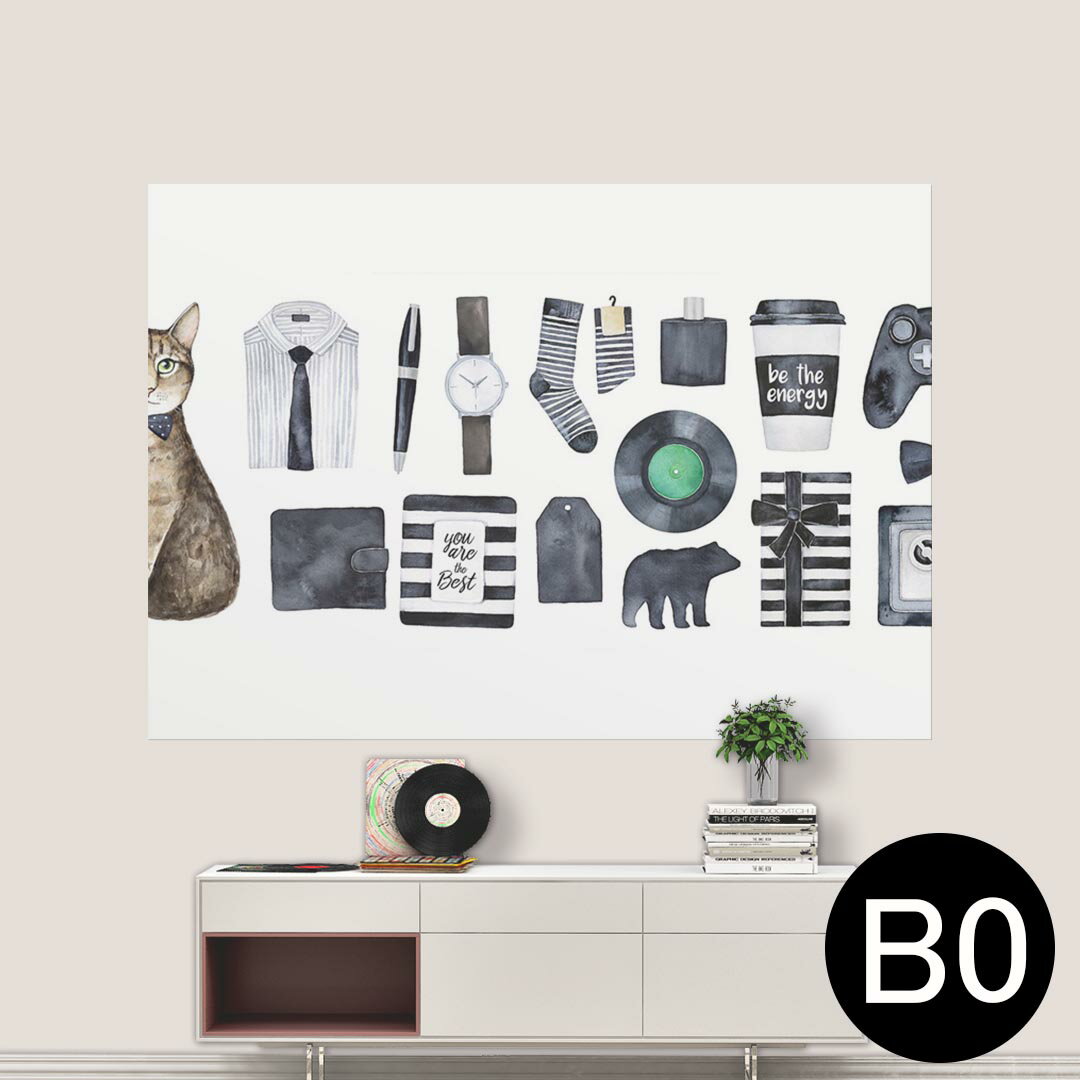 楽天kabeコレポステッカー ポスター ウォールステッカー シール式ステッカー 飾り 1030mm×1456mm B0 写真 フォト 壁 インテリア おしゃれ 剥がせる wall sticker poster 015510 猫　モノクロ　ゲーム　絵　手書き