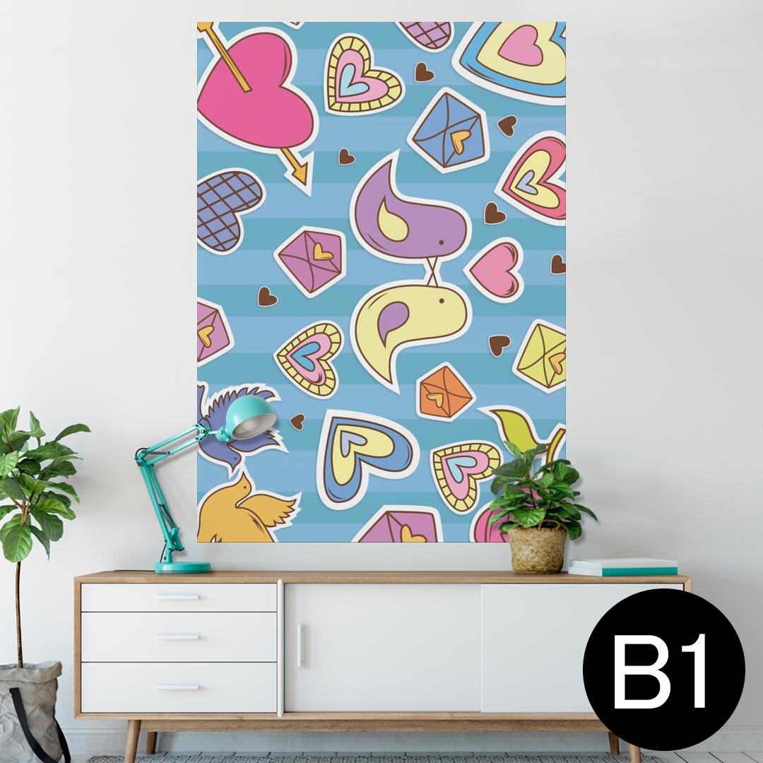 ポスター ウォールステッカー シール式ステッカー 飾り 728×1030mm B1 写真 フォト 壁 インテリア おしゃれ 　剥がせる wall sticker poster 008732 ハート　イラスト　鳥　水色