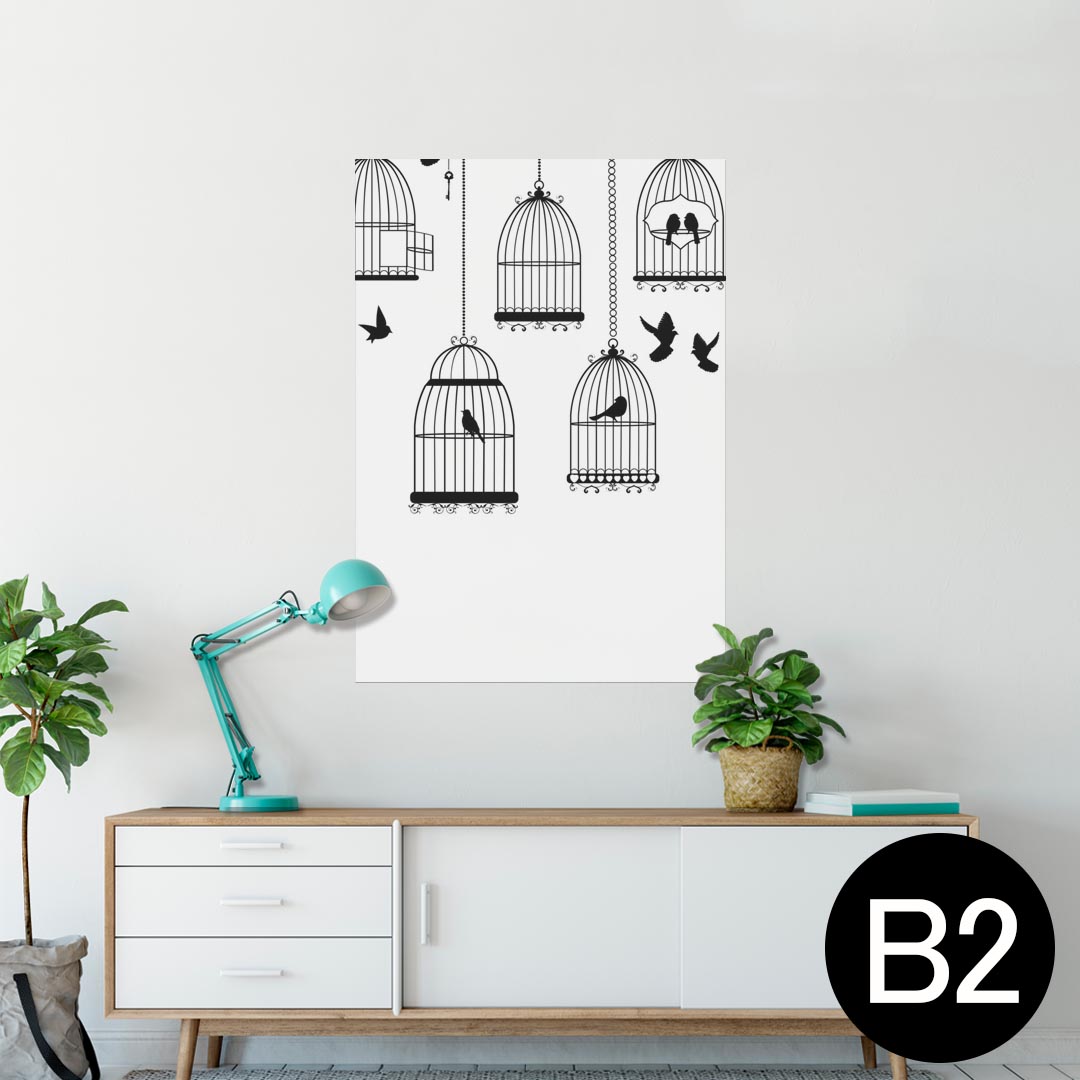 ポスター ウォールステッカー シール式ステッカー 飾り 515×728mm B2 写真 フォト 壁 インテリア おしゃれ 剥がせる wall sticker poster 013400 鳥　シルエット　鳥かご