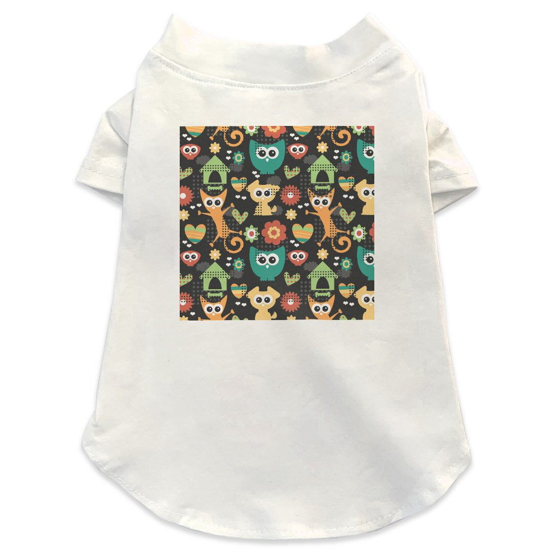 犬専用Tシャツ 選べる5size 小型犬 袖あり 半袖 ホワイト デザイン T shirt XS S M L XL ペットウェア ペット服 カジュアル おしゃれ コットン 綿 ユニーク かわいい　柄　ふくろう 000070