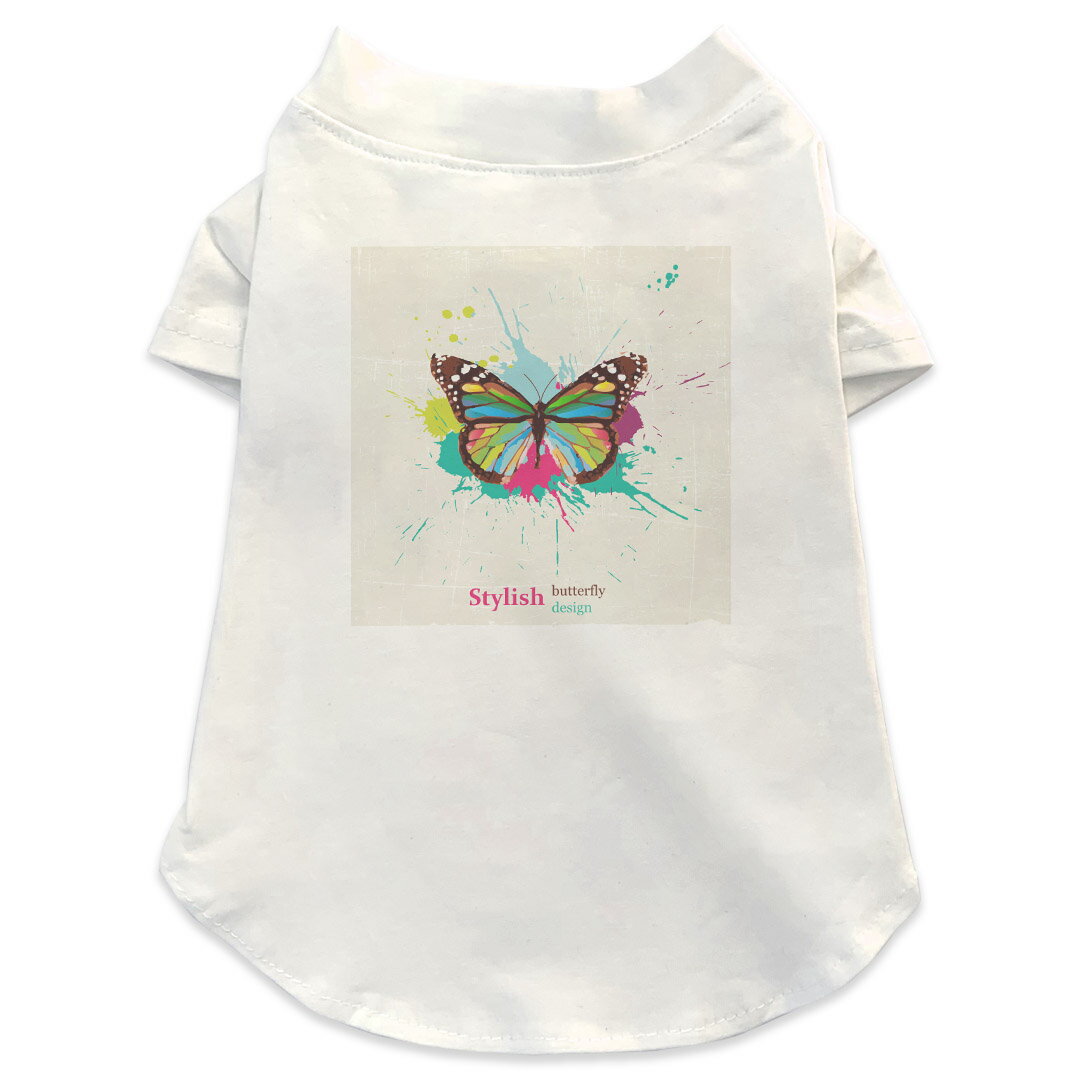Garments - 犬専用Tシャツ 選べる5size 小型犬 袖あり 半袖 ホワイト デザイン T shirt XS S M L XL ペットウェア ペット服 カジュアル おしゃれ コットン 綿 ユニーク カラフル　蝶　インク　ペンキ 007604