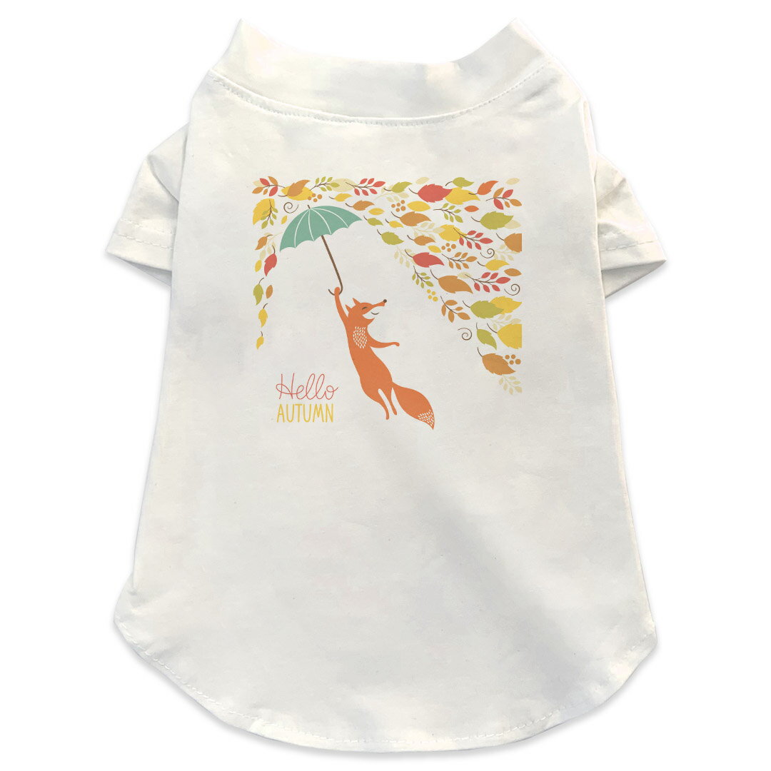 犬専用Tシャツ 選べる5size 小型犬 袖あり 半袖 ホワイト デザイン T shirt XS S M L XL ペットウェア ペット服 カジュアル おしゃれ コットン 綿 アニマル 秋　きつね　狐　紅葉 008406