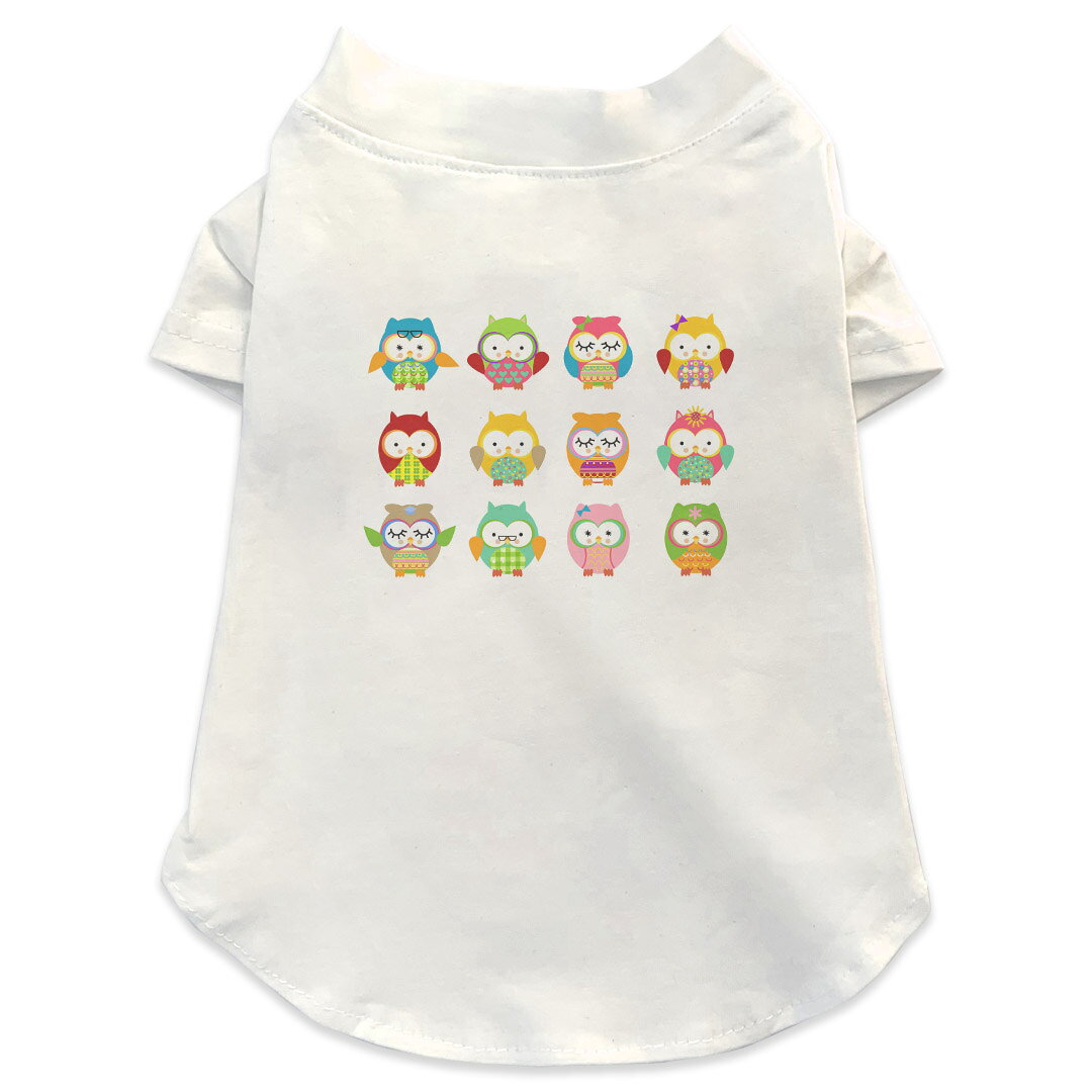 Garments - 犬専用Tシャツ 選べる5size 小型犬 袖あり 半袖 ホワイト デザイン T shirt XS S M L XL ペットウェア ペット服 カジュアル おしゃれ コットン 綿 アニマル フクロウ　カラフル　模様 008451