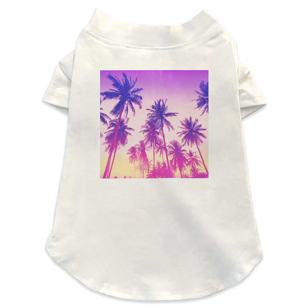 Garments - 犬専用Tシャツ 選べる5size 小型犬 袖あり 半袖 ホワイト デザイン T shirt XS S M L XL ペットウェア ペット服 カジュアル おしゃれ コットン 綿 夏　ヤシの木　夕日 011305