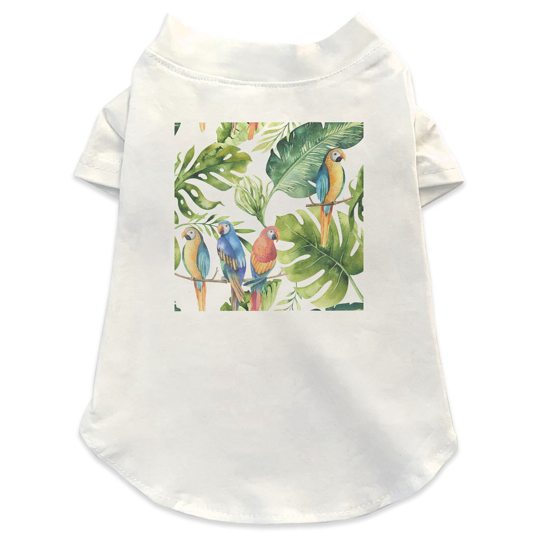 犬専用Tシャツ 選べる5size 小型犬 袖あり 半袖 ホワイト デザイン T shirt XS S M L XL ペットウェア ペット服 カジュアル おしゃれ コットン 綿 リーフ　ボタニカル　インコ 014723