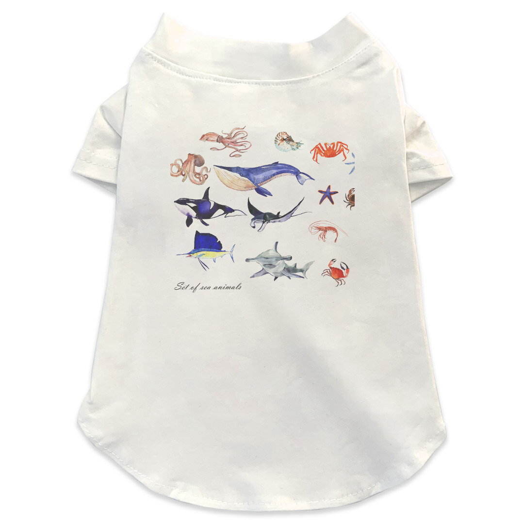 Garments - 犬専用Tシャツ 選べる5size 小型犬 袖あり 半袖 ホワイト デザイン T shirt XS S M L XL ペットウェア ペット服 カジュアル おしゃれ コットン 綿 魚　海　夏 014788