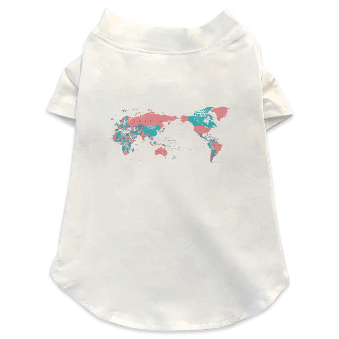 犬専用Tシャツ 選べる5size 小型犬 袖あり 半袖 ホワイト デザイン T shirt XS S M L XL ペットウェア ペット服 カジュアル おしゃれ コットン 綿 世界地図　wordmap 015954