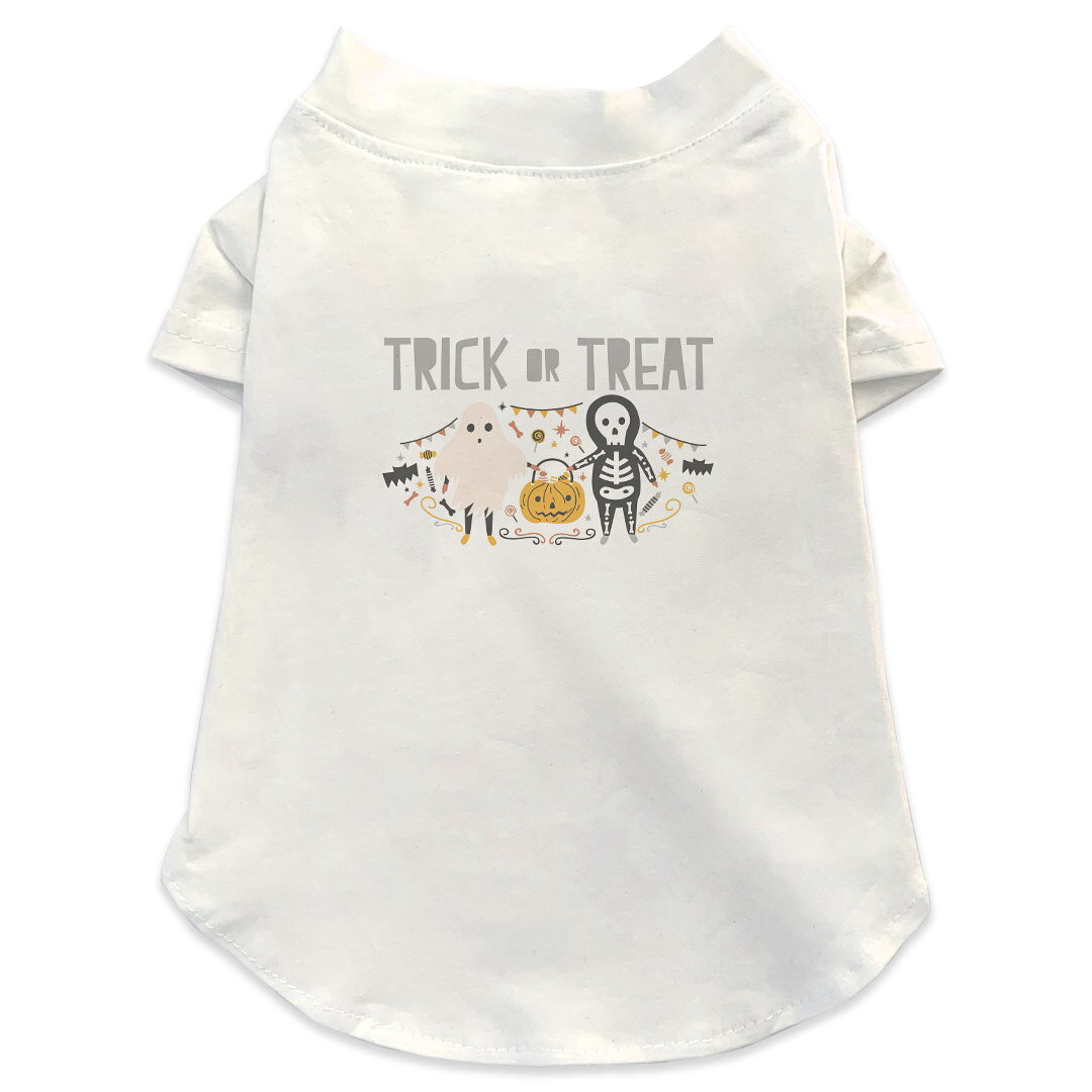 Garments - 犬専用Tシャツ 選べる5size 小型犬 袖あり 半袖 ホワイト デザイン T shirt XS S M L XL ペットウェア ペット服 カジュアル おしゃれ コットン 綿 ハロウィン　かわいい おばけ　ガイコツ　かわいい 017440
