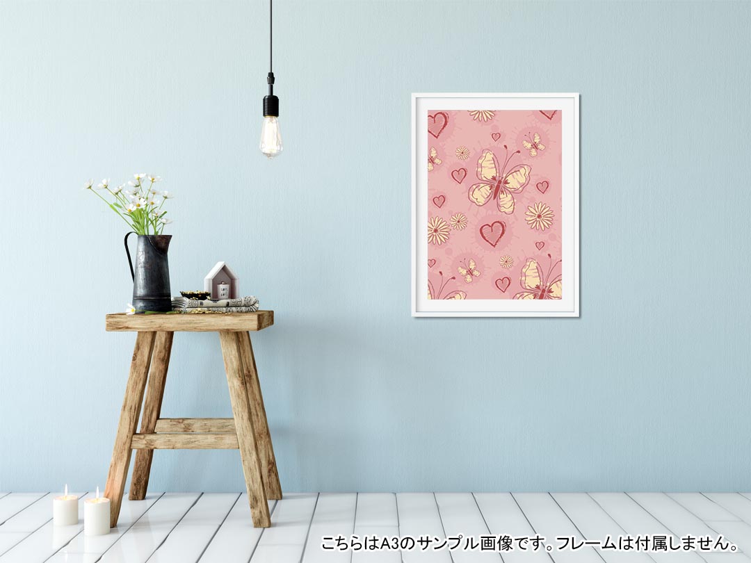 ポスター ウォールステッカー シール式ステッカー 飾り 148×210mm A5 写真 フォト 壁 インテリア おしゃれ 剥がせる wall sticker poster 005580 ピンク　蝶　ハート 2