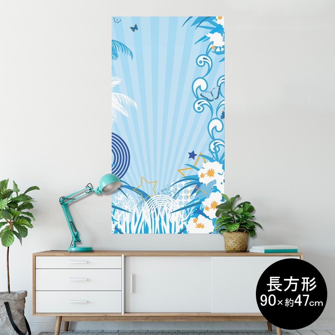 ポスター ウォールステッカー 長方形 シール式ステッカー 飾り 90×47cm Lsize 長方形 壁 インテリア おしゃれ　剥がせる wall sticker poster 004711 ハイビスカス　ハワイ　水色