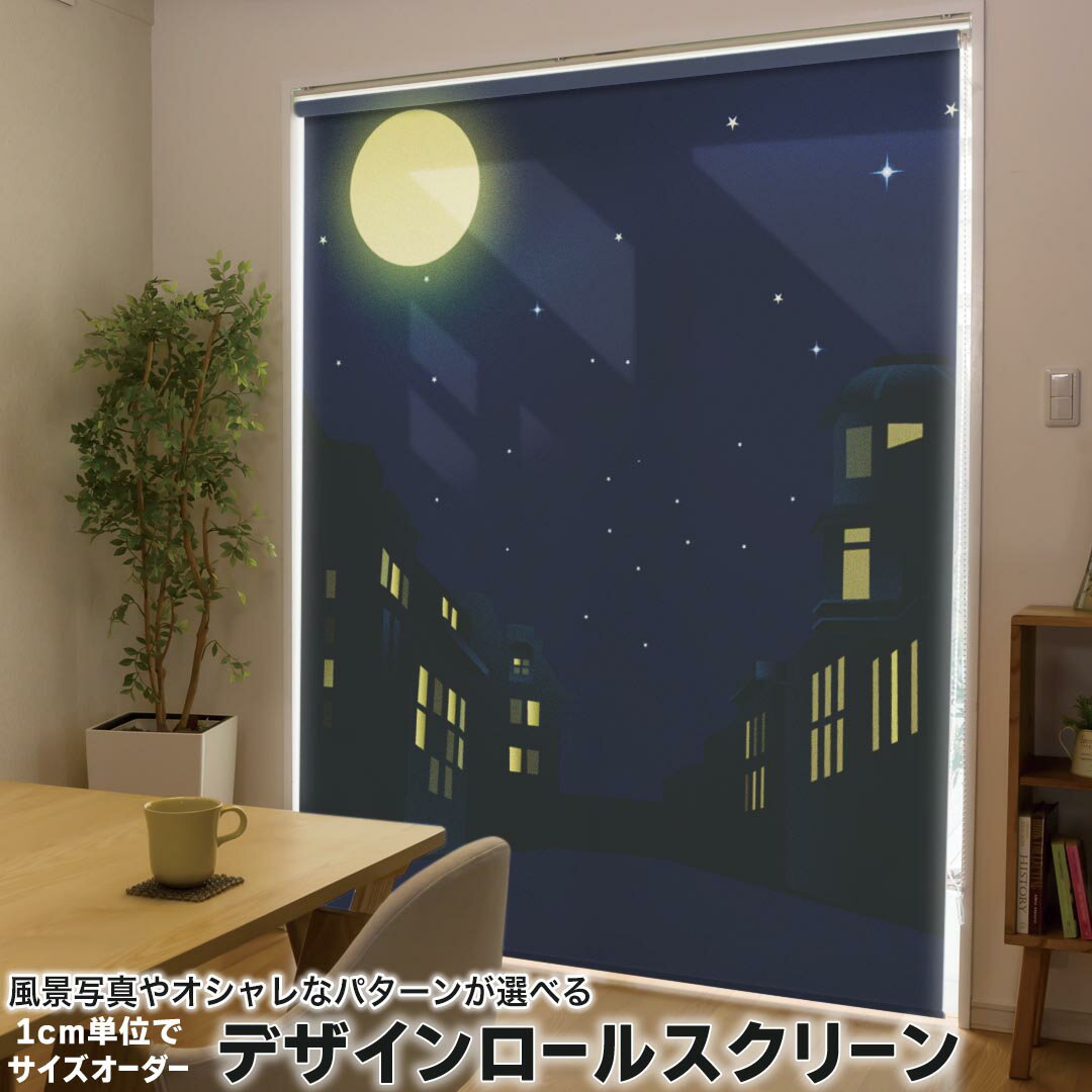 1cm単位サイズオーダー ロールスクリーン ロールカーテン オーダーメイド タチカワ 日本製 間仕切り カーテン 採光 非遮光 目隠し UVカット カーテンレール チェーン式 プル式 001274 その他 月 夜 街