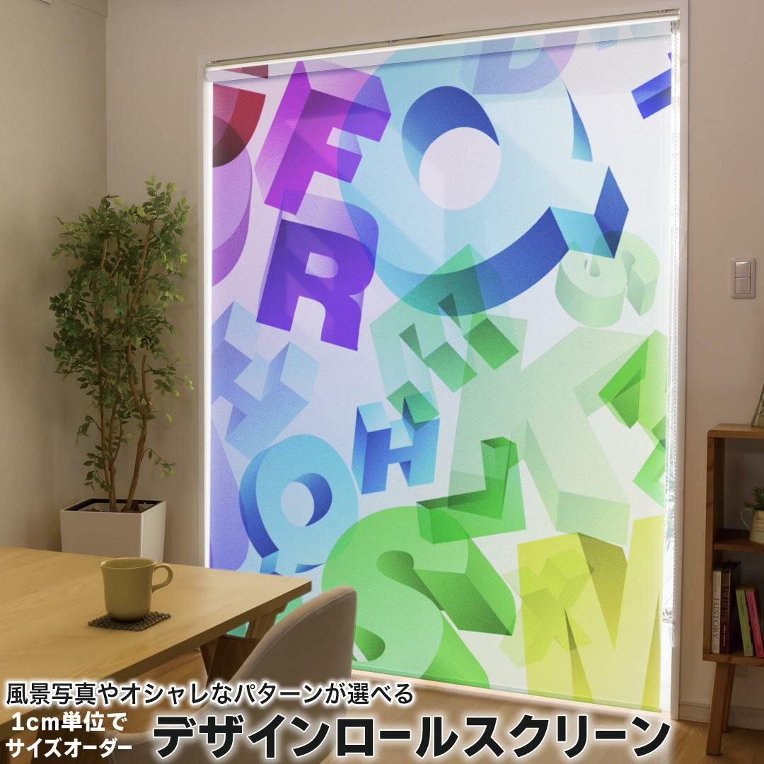1cm単位サイズオーダー ロールスクリーン ロールカーテン オーダーメイド タチカワ 日本製 間仕切り カーテン 採光 非遮光 目隠し UVカット カーテンレール チェーン式 プル式 002076 クール カラフル　英語　文字